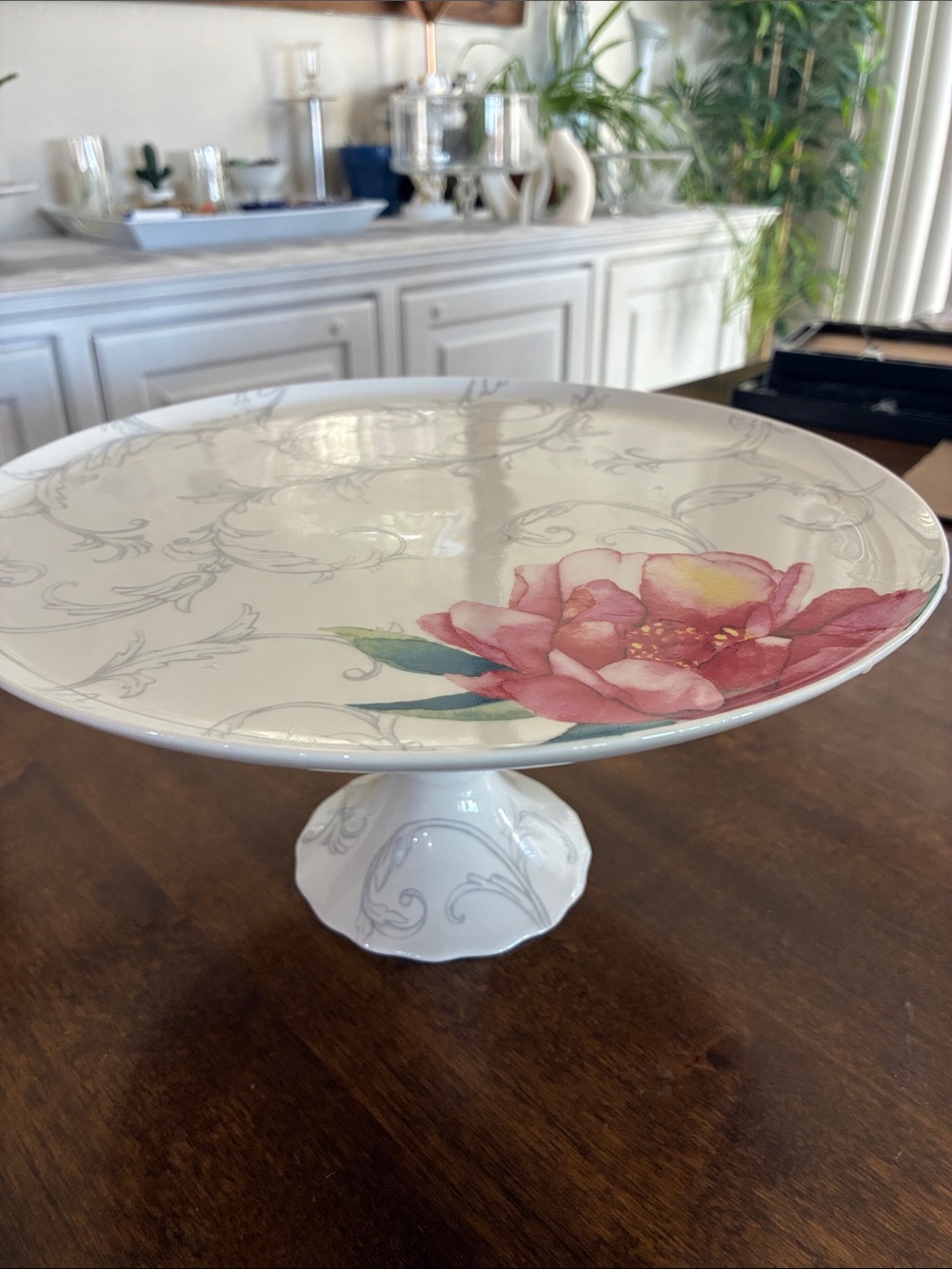 Martha Stewart Ceramic Cake Stand with Pink Floral Accent